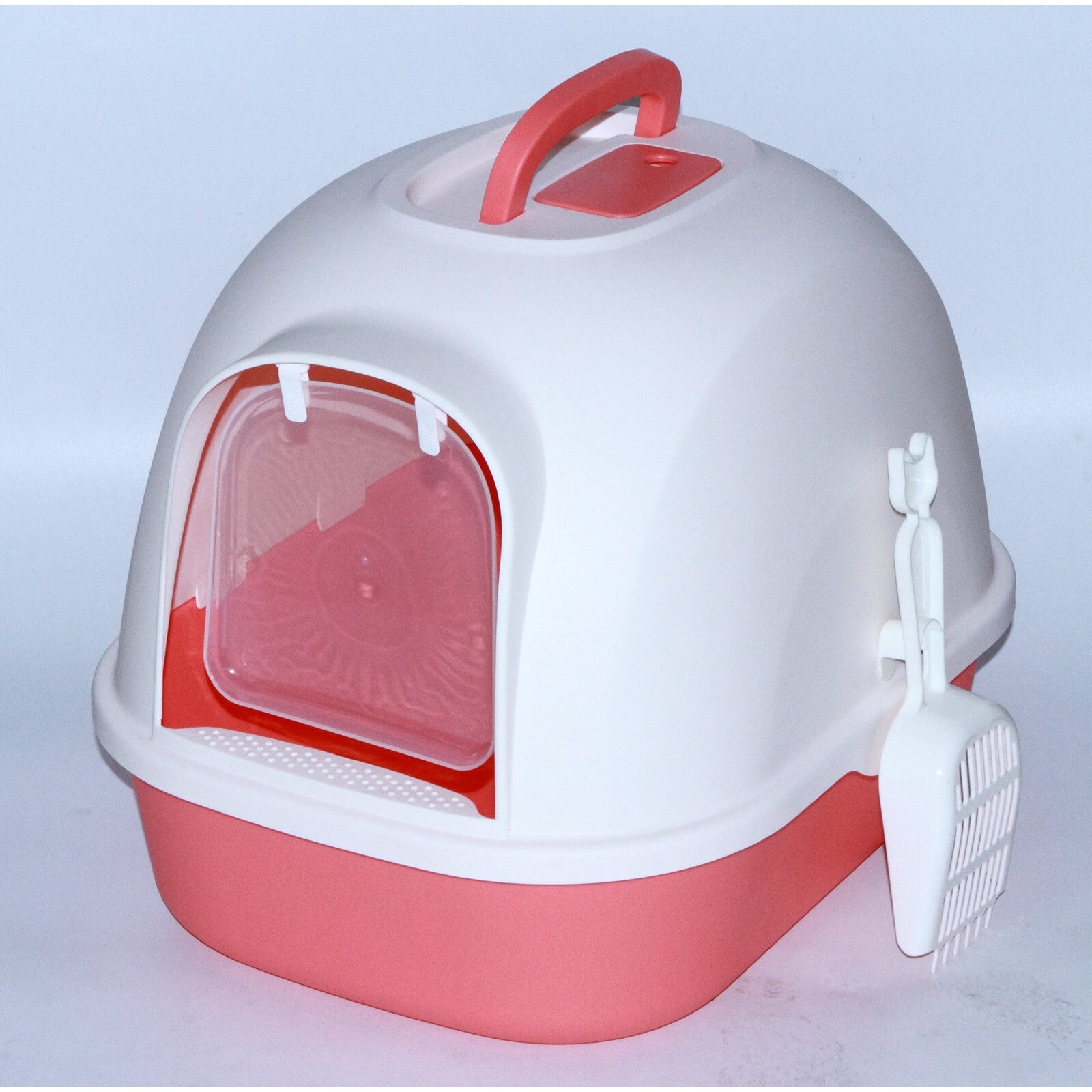 Portable Hooded Cat Toilet Litter Box Tray House with Handle and Scoop Red