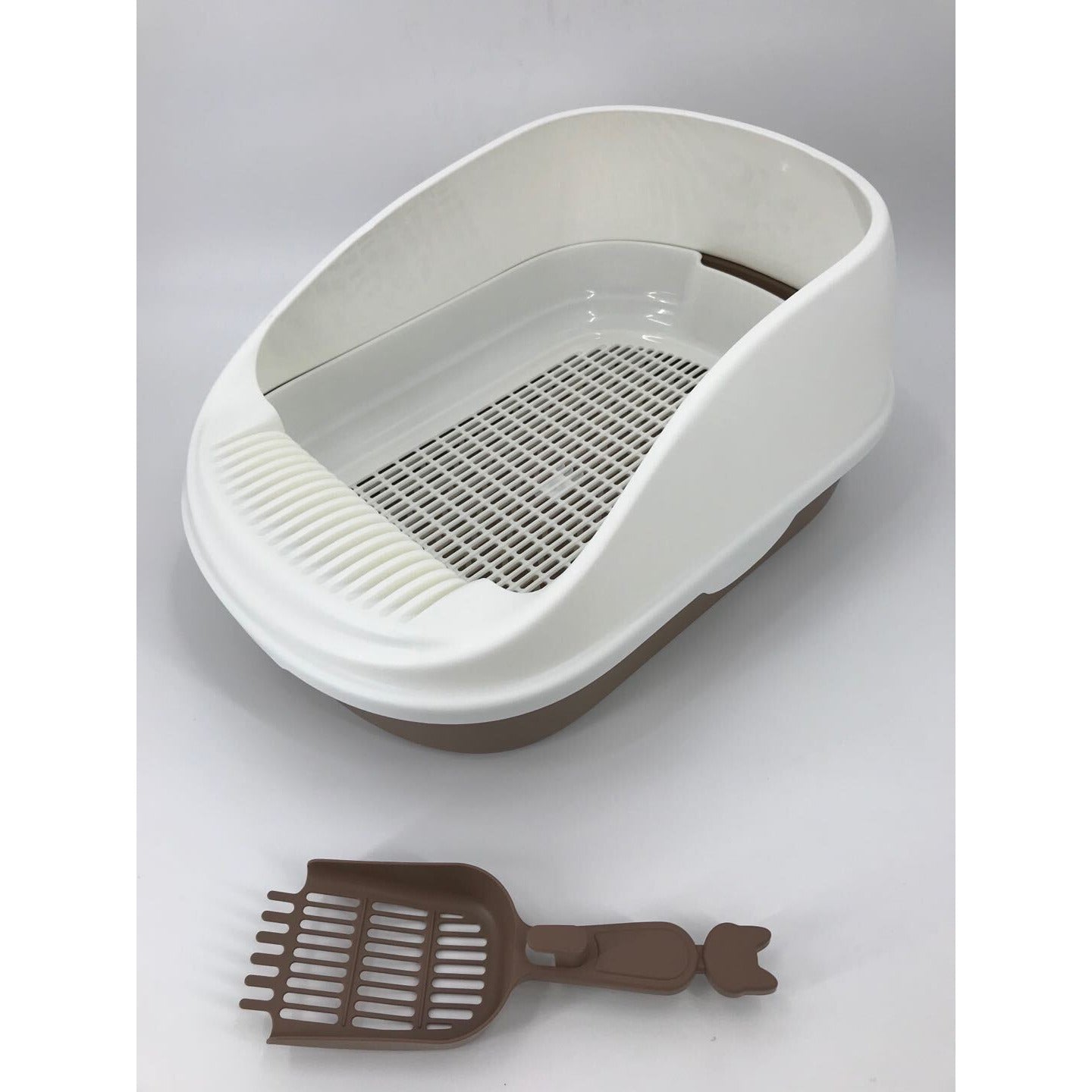 Large Portable Cat Toilet Litter Box Tray with Scoop and Grid Tray Brown