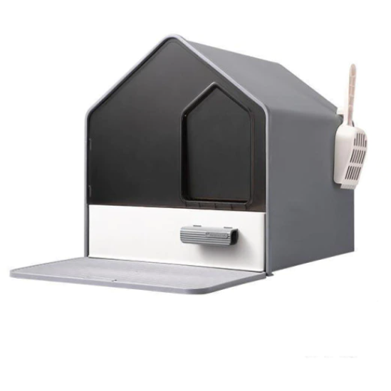 L Portable Hooded Cat Toilet Litter Box Tray House with Drawer and Scoop-Grey