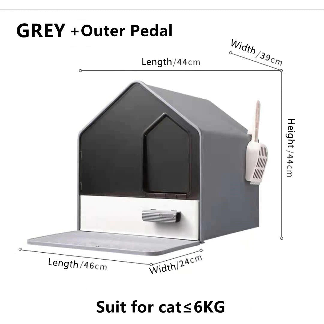 L Portable Hooded Cat Toilet Litter Box Tray House with Drawer and Scoop-Grey