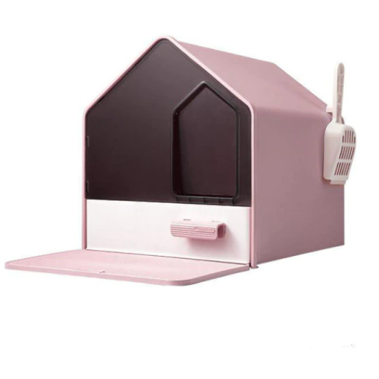 L Portable Hooded Cat Toilet Litter Box Tray House with Drawer and Scoop-Pink