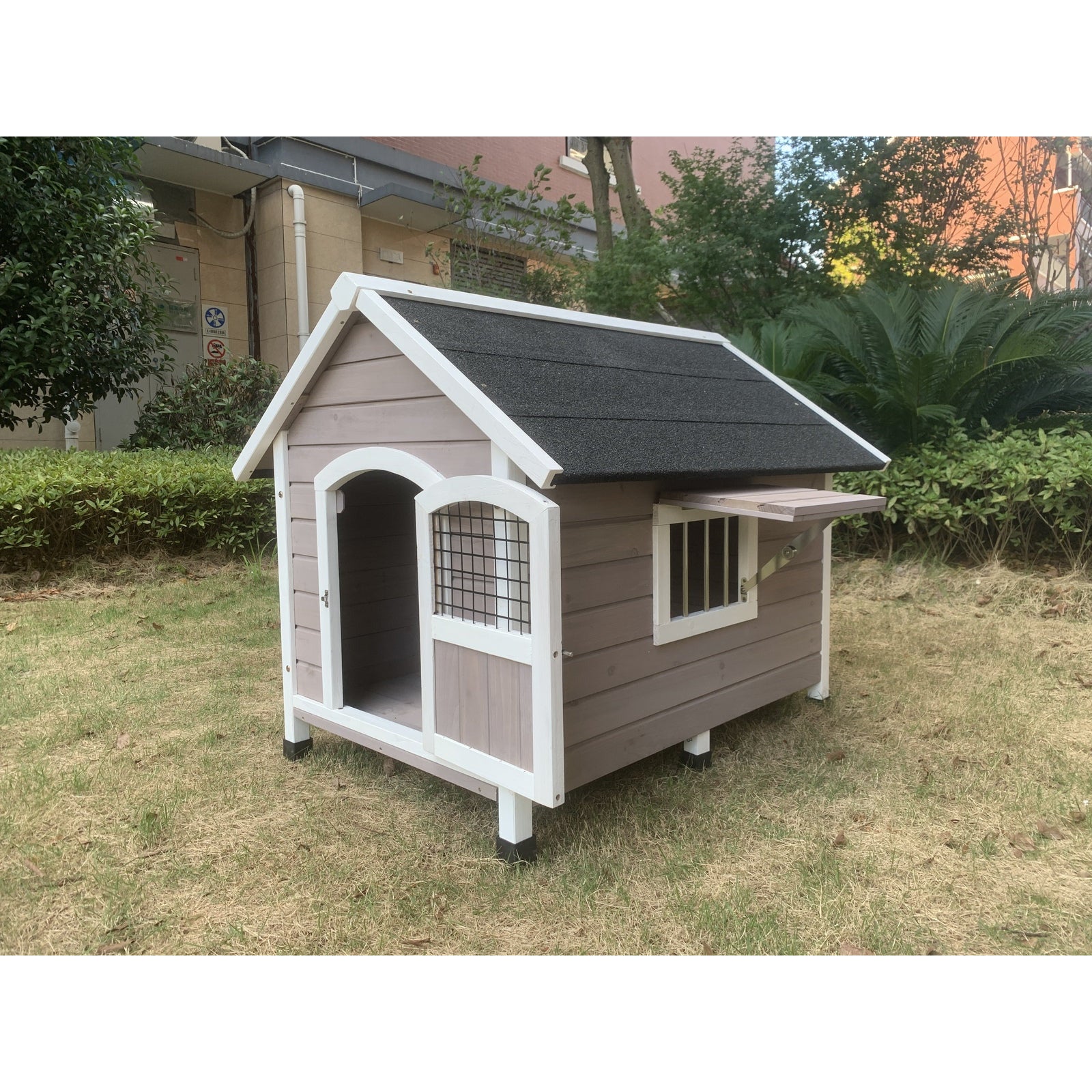 L Timber Pet Dog Kennel House Puppy Wooden Timber Cabin With Stripe