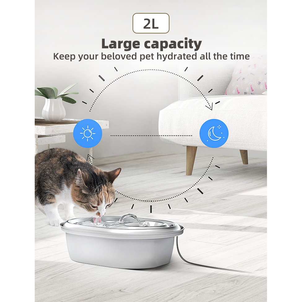 2L Automatic Electric Pet Water Fountain Dog Cat Stainless Steel Feeder Bowl Dispenser