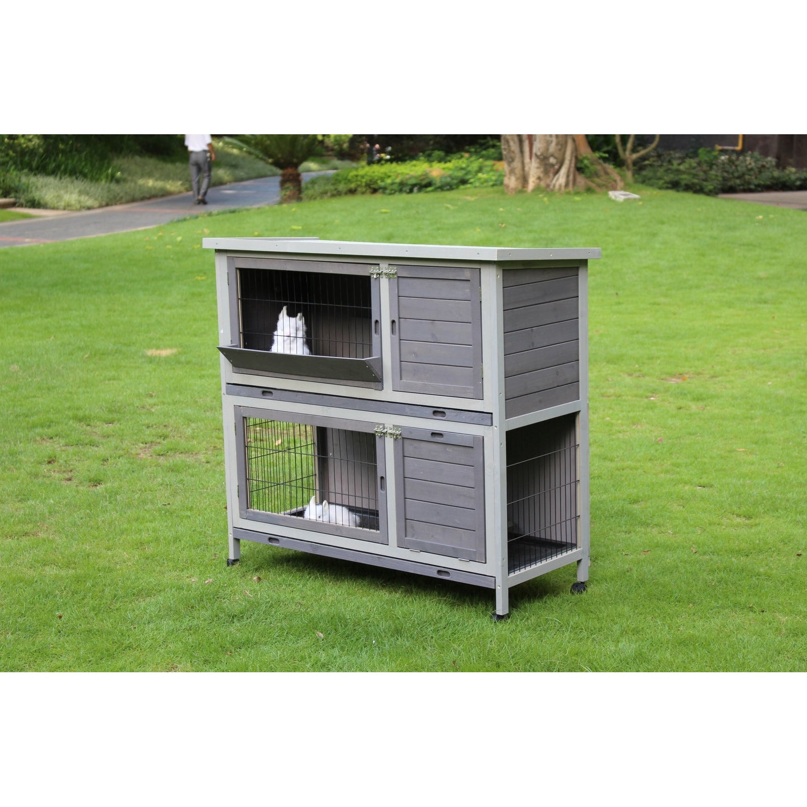 110cm XL Double Storey Rabbit Hutch Guinea Pig Cage , Ferret Cat cage W Wheel & Pull Out Tray