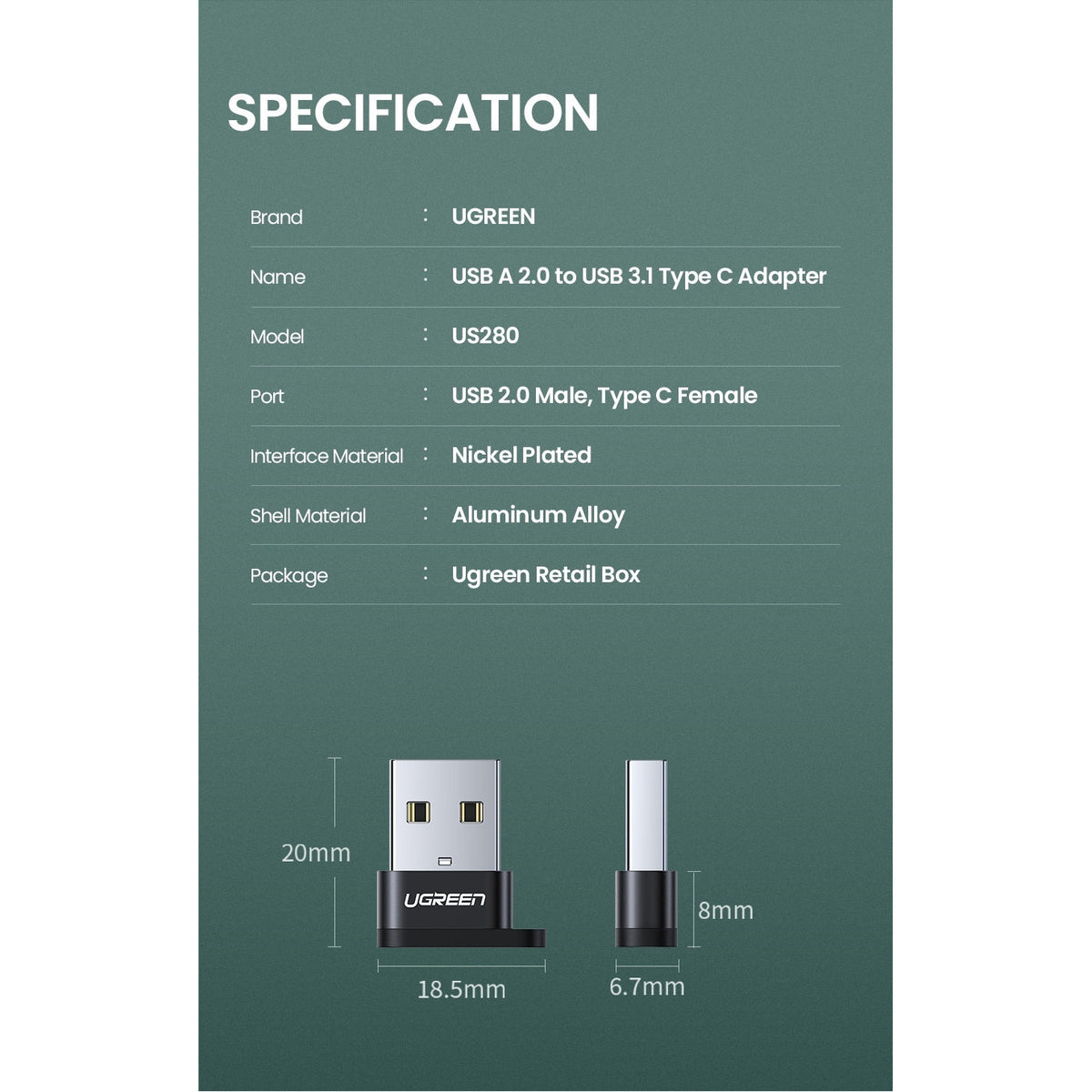 UGREEN 50568 USB-C 3.1 Female to USB-A 2.0 Male Adapter