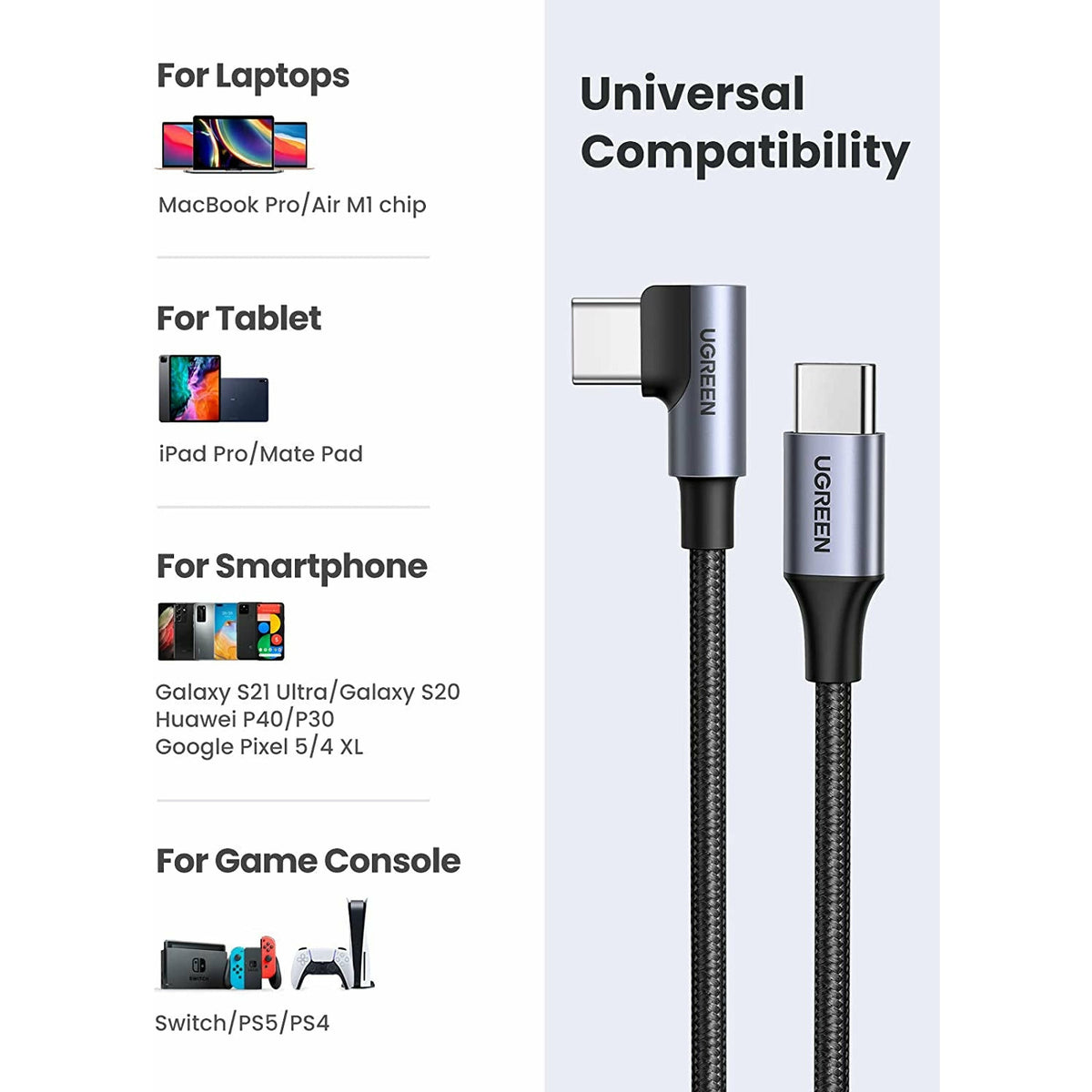 UGREEN 80714 USB-C 2.0 to Angle USB-C Cable Black 3M