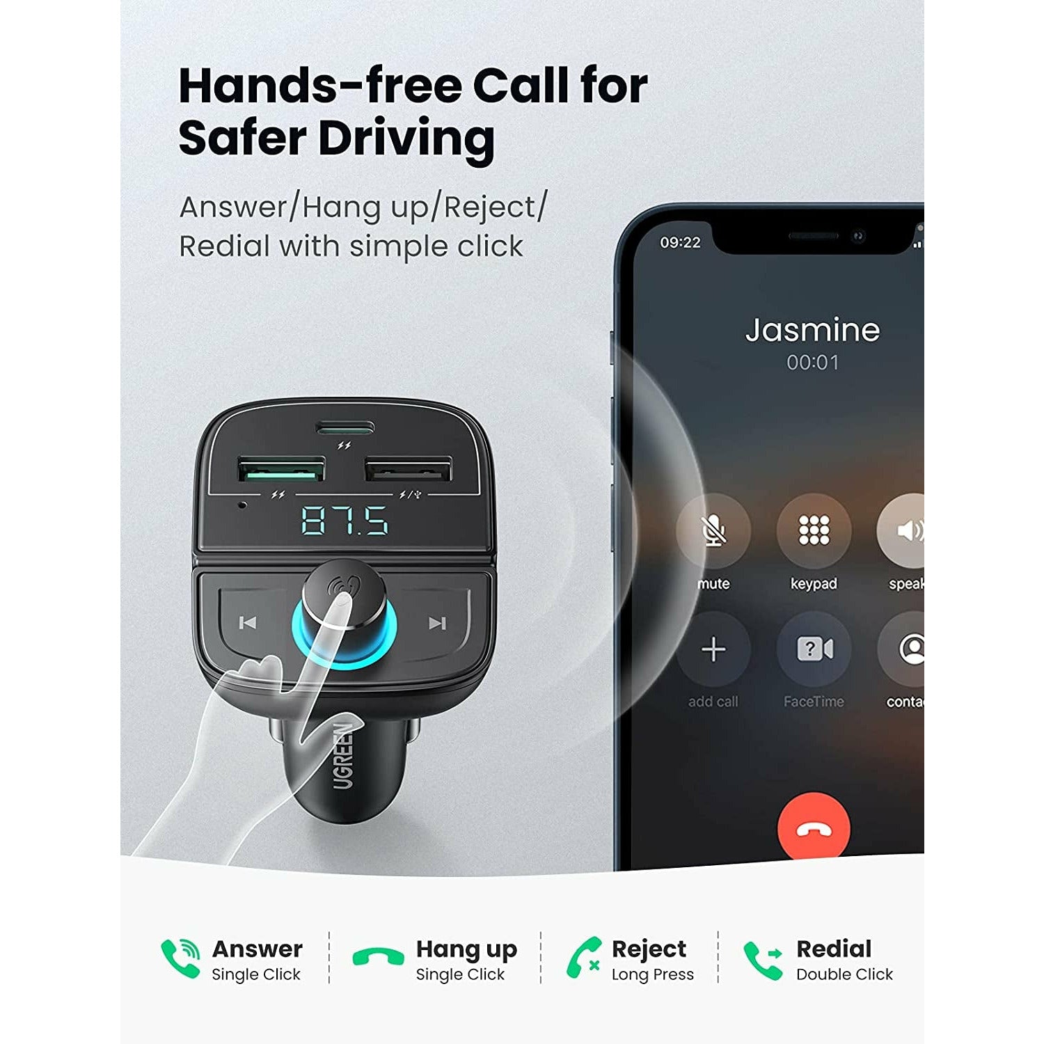 UGREEN 80910 Car Bluetooth 5.0 FM Transmitter