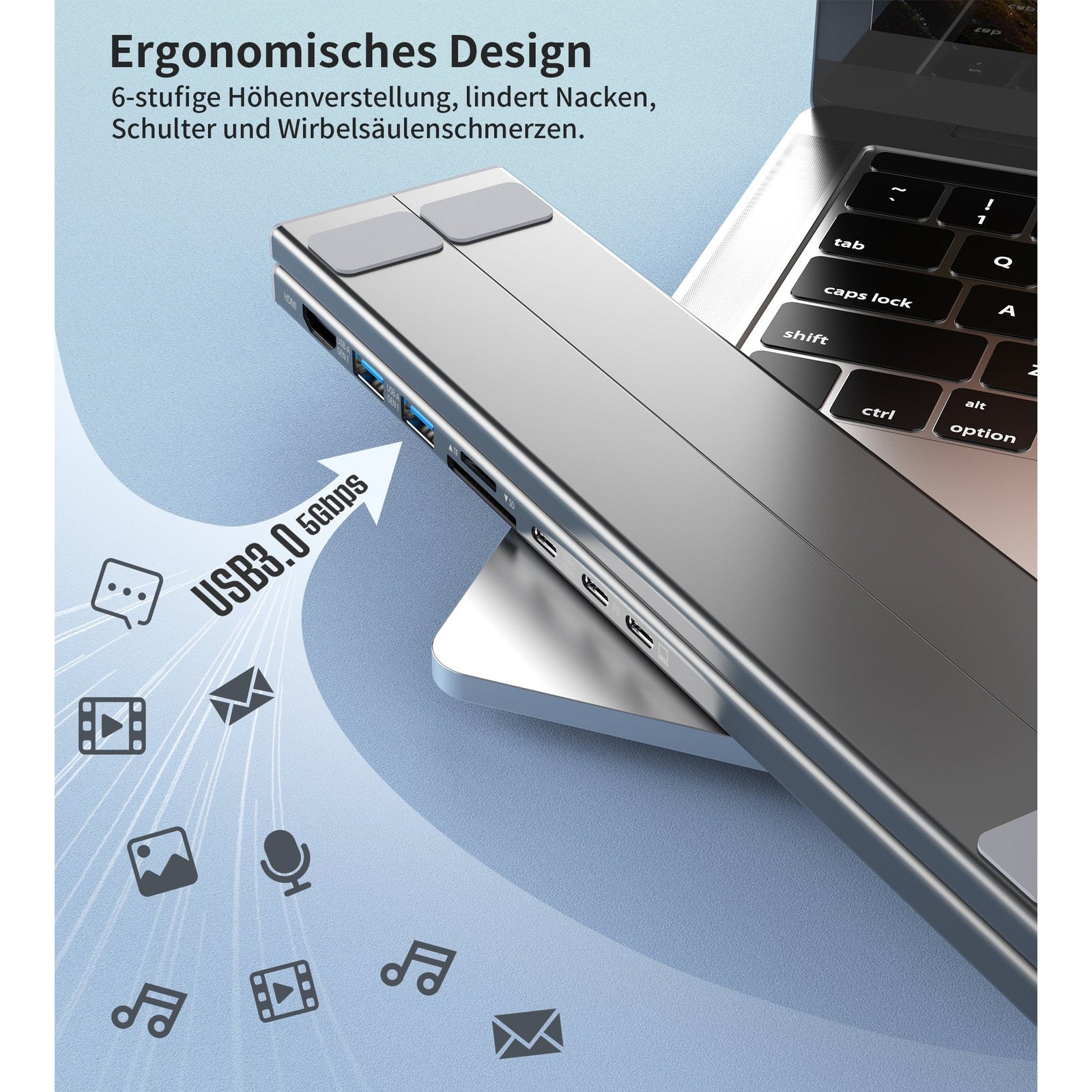 CHOETECH HUB-M48 7-in-1 Hub + Foldable Laptop stand USB-C to HDMI 4K/USB-A/TF&SD/USB-C with PD Charging