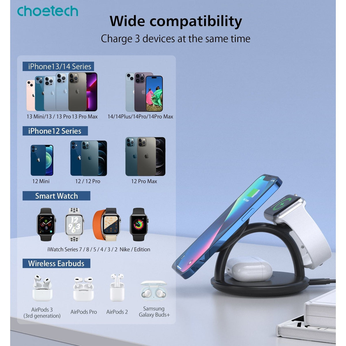 CHOETECH T587-F 3-in-1 Magnetic Wireless Charger Station for iPhone 12/13/14/AirPods Pro/iWatch