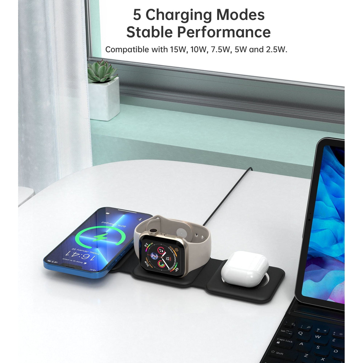 CHOETECH T588-F-BK 3-in-1 Foldable Fast Wireless Charger for Phone/Watch/Earphone