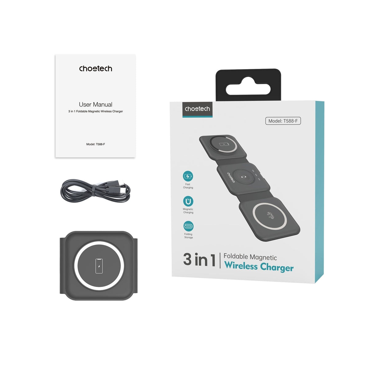 CHOETECH T588-F-BK 3-in-1 Foldable Fast Wireless Charger for Phone/Watch/Earphone