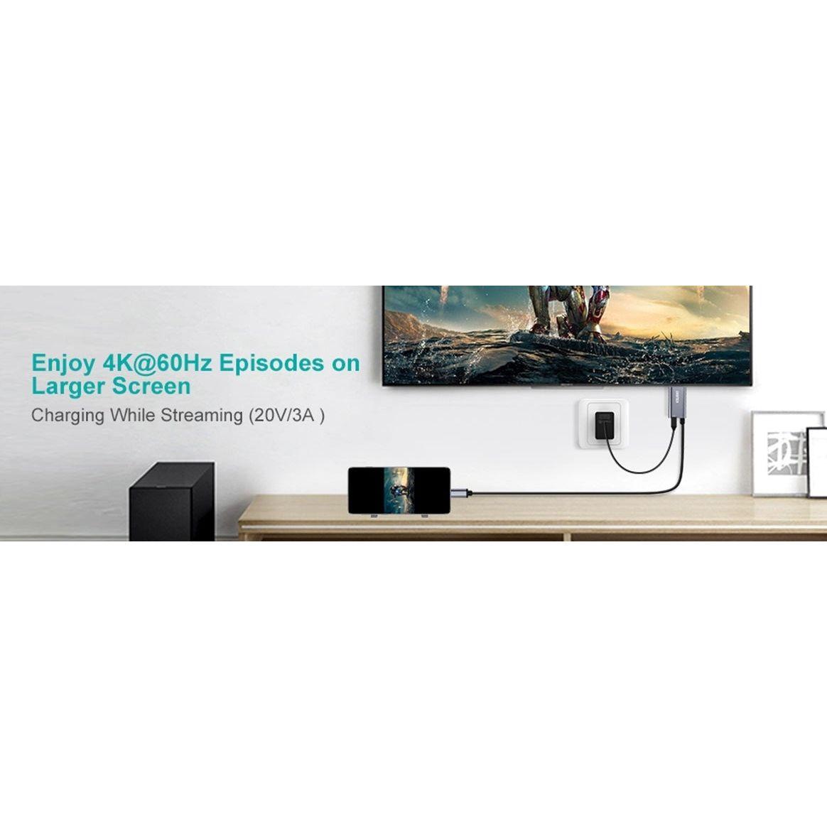 CHOETECH XCH-M180-GY-V2 Unidirectional Adapter USB-C (male) to HDMI 4K 60Hz (male) + PD100W Power Delivery 1.8M