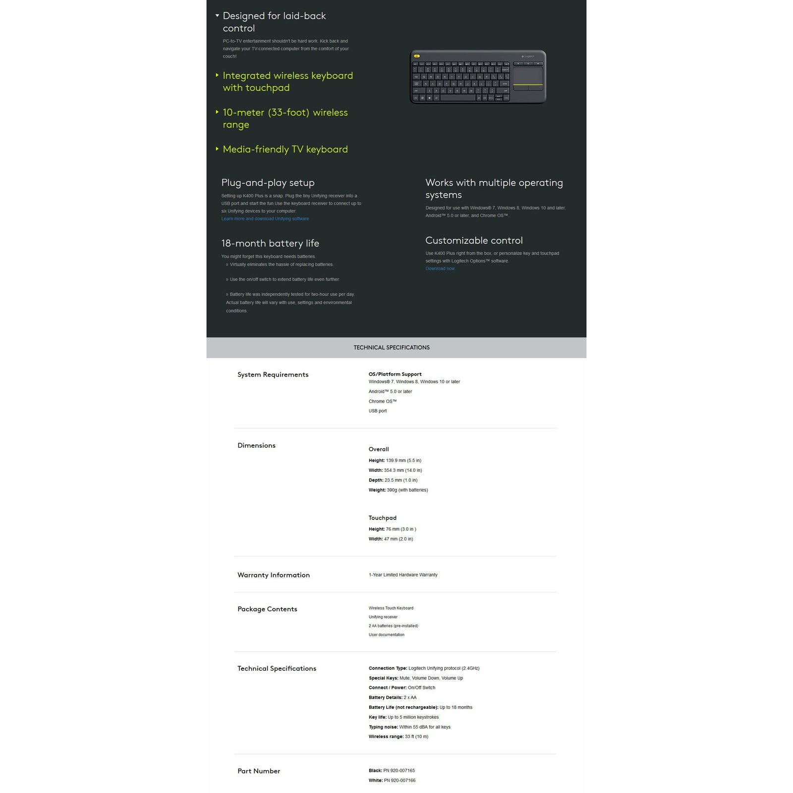 Logitech K400 PLUS Touch Wireless keyboard - Black (920-007165)