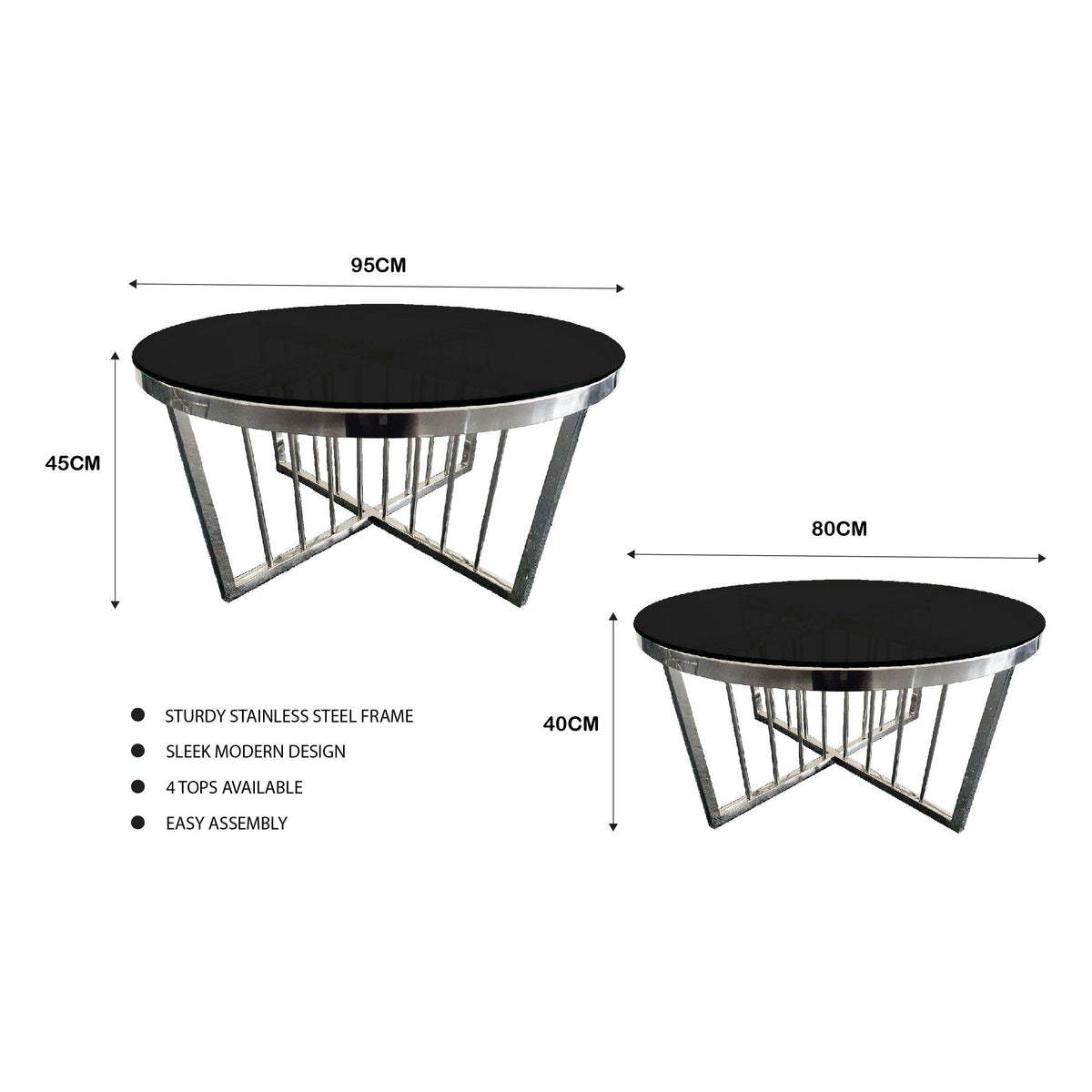 Salina Coffee Table 80cm Silver Base - Black Glass