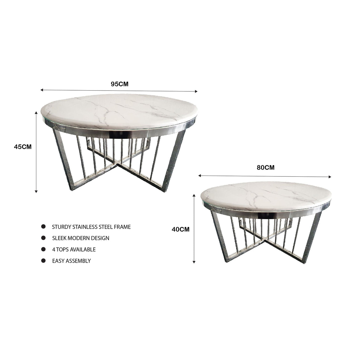Salina Coffee Table 80cm Silver Base - White Marble