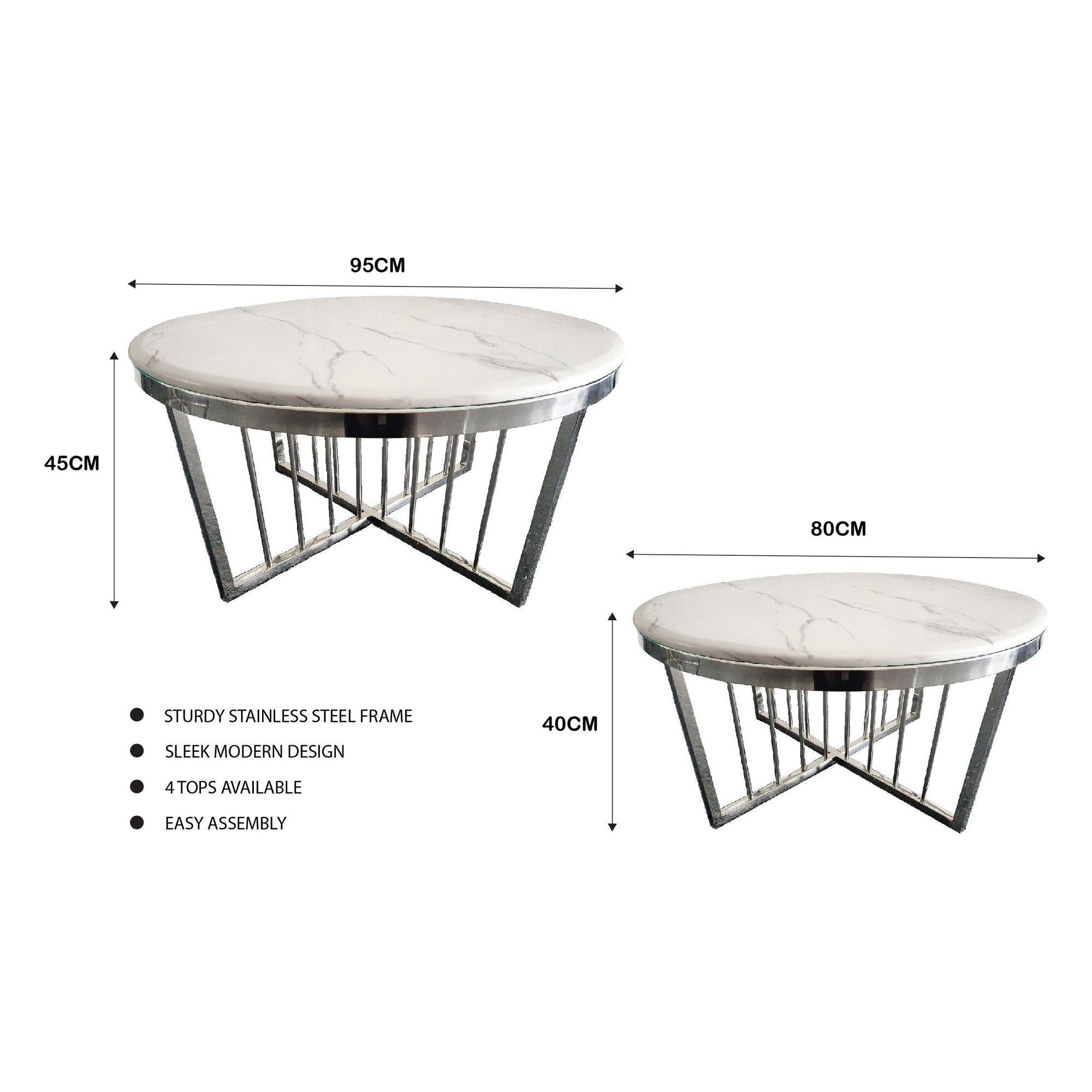 Salina Coffee Table 80cm Silver Base - White Marble