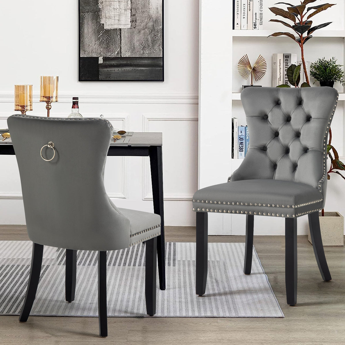 Set of 2 - Alsea Dark Grey Velvet &amp; Black Rubberwood Dining Chairs Upholstered Tufted Stud Trim and Ring