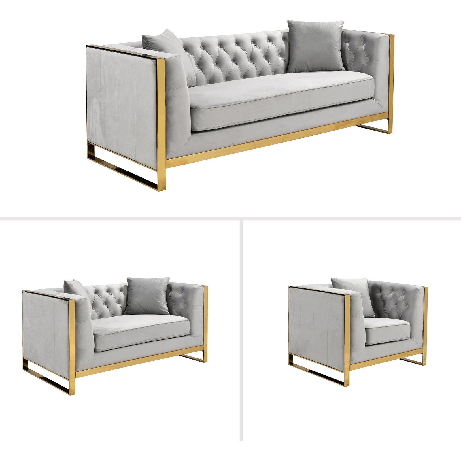 William Lounge - Light Grey Velvet - Gold Trims