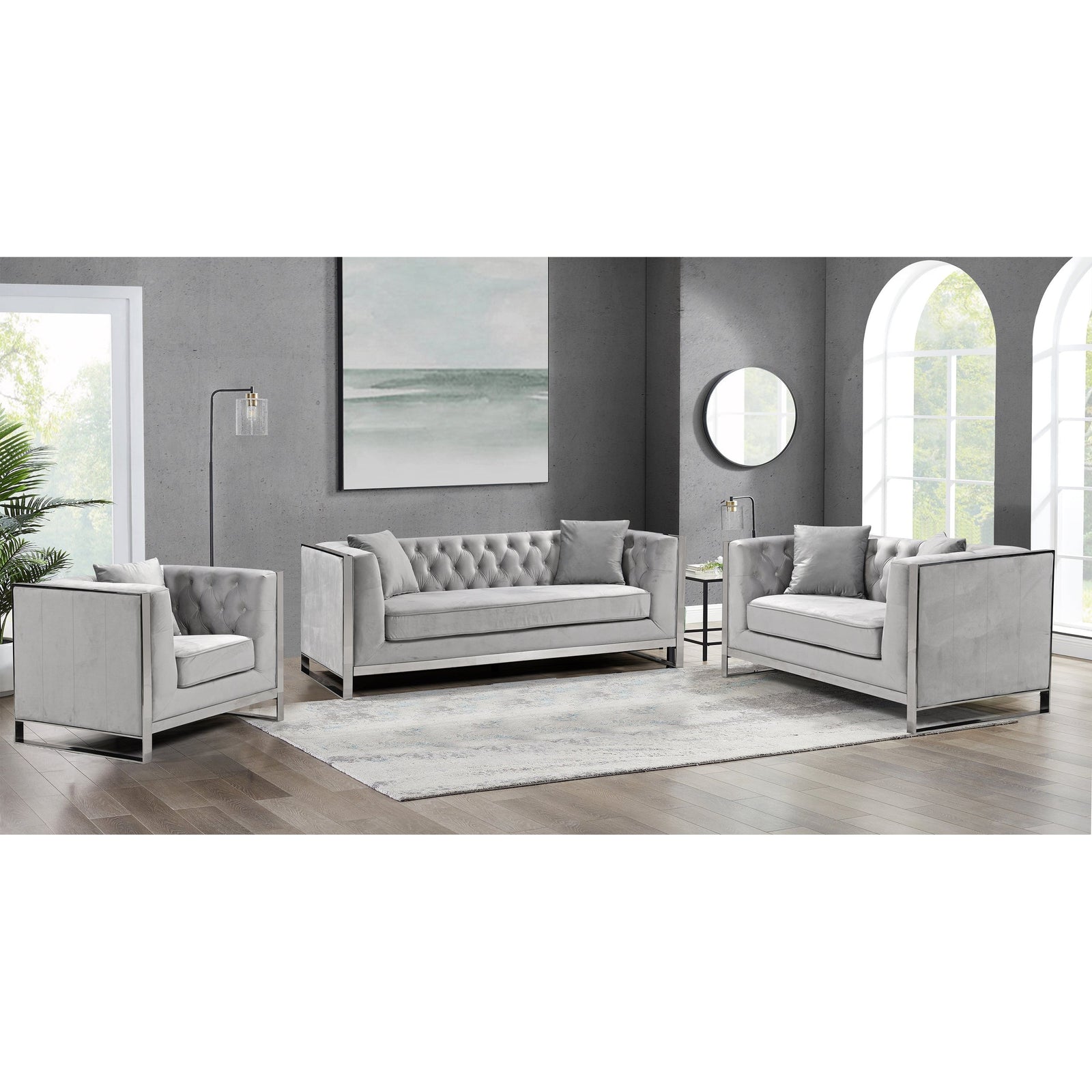 William Lounge - Light Grey Velvet - Silver Trims