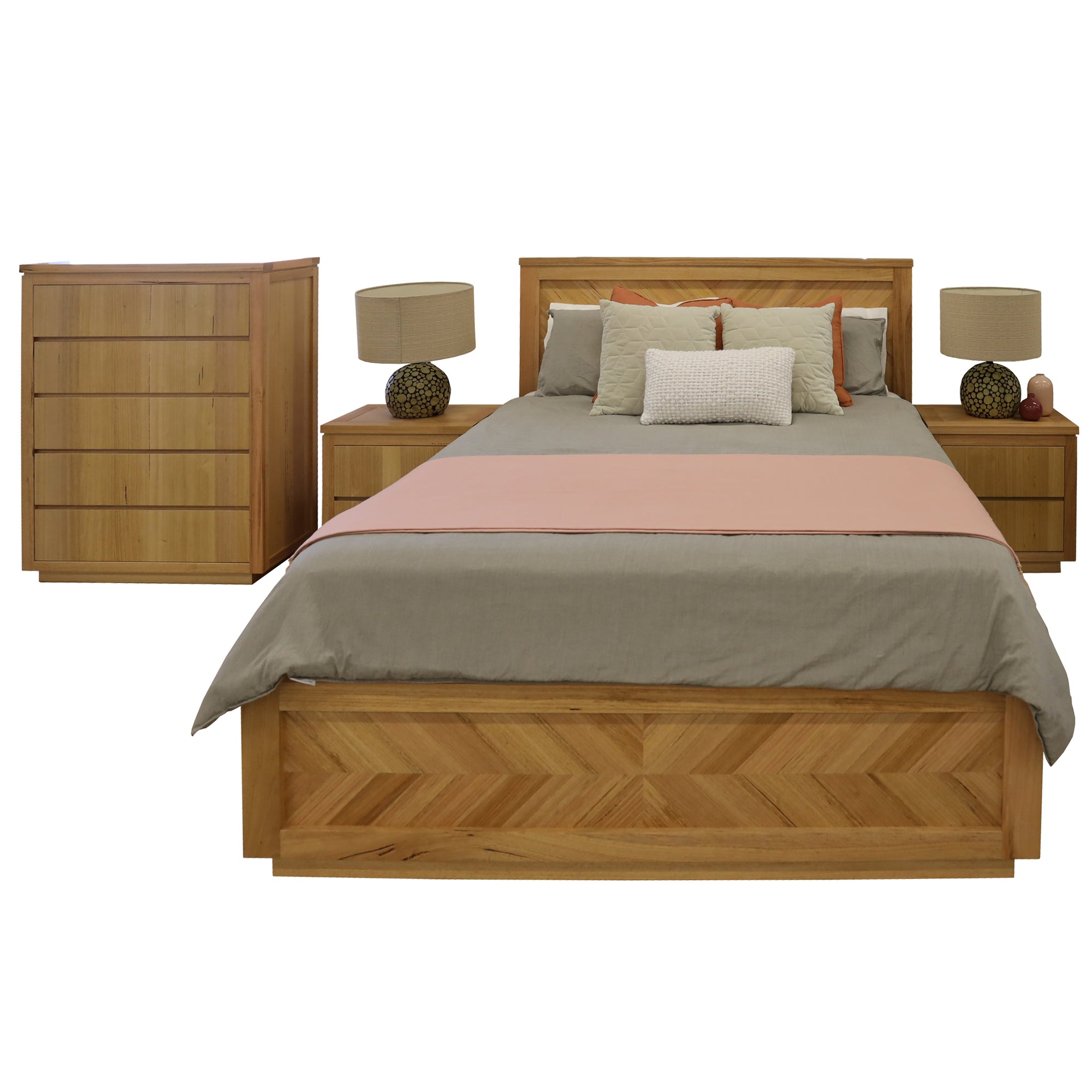 Rosemallow 4pc King Bed Frame Bedroom Suite Timber Bedside Tallboy Package Set