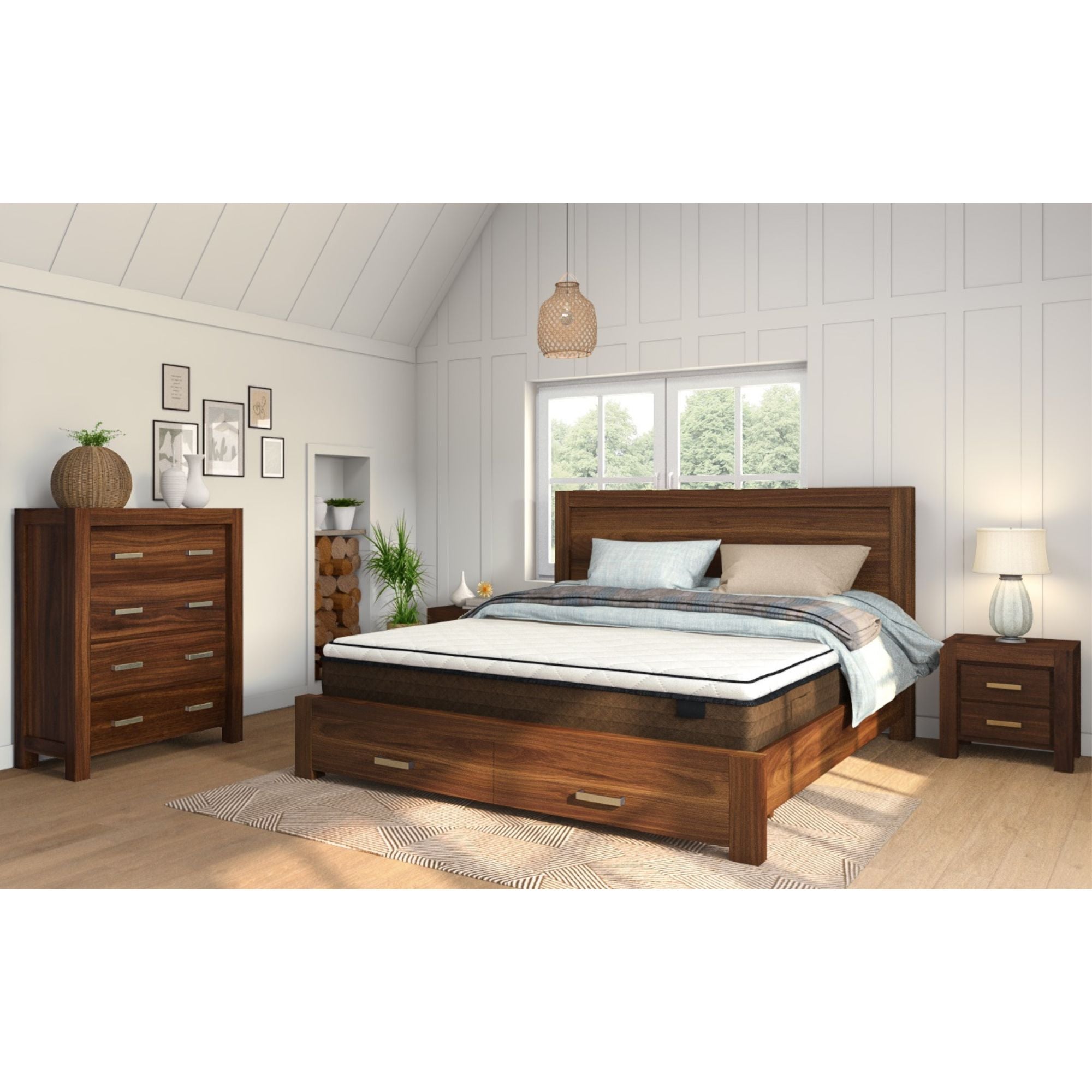 Comfortis 4pc Queen Bed Frame Suite Bedside Tallboy Furniture Package - Walnut