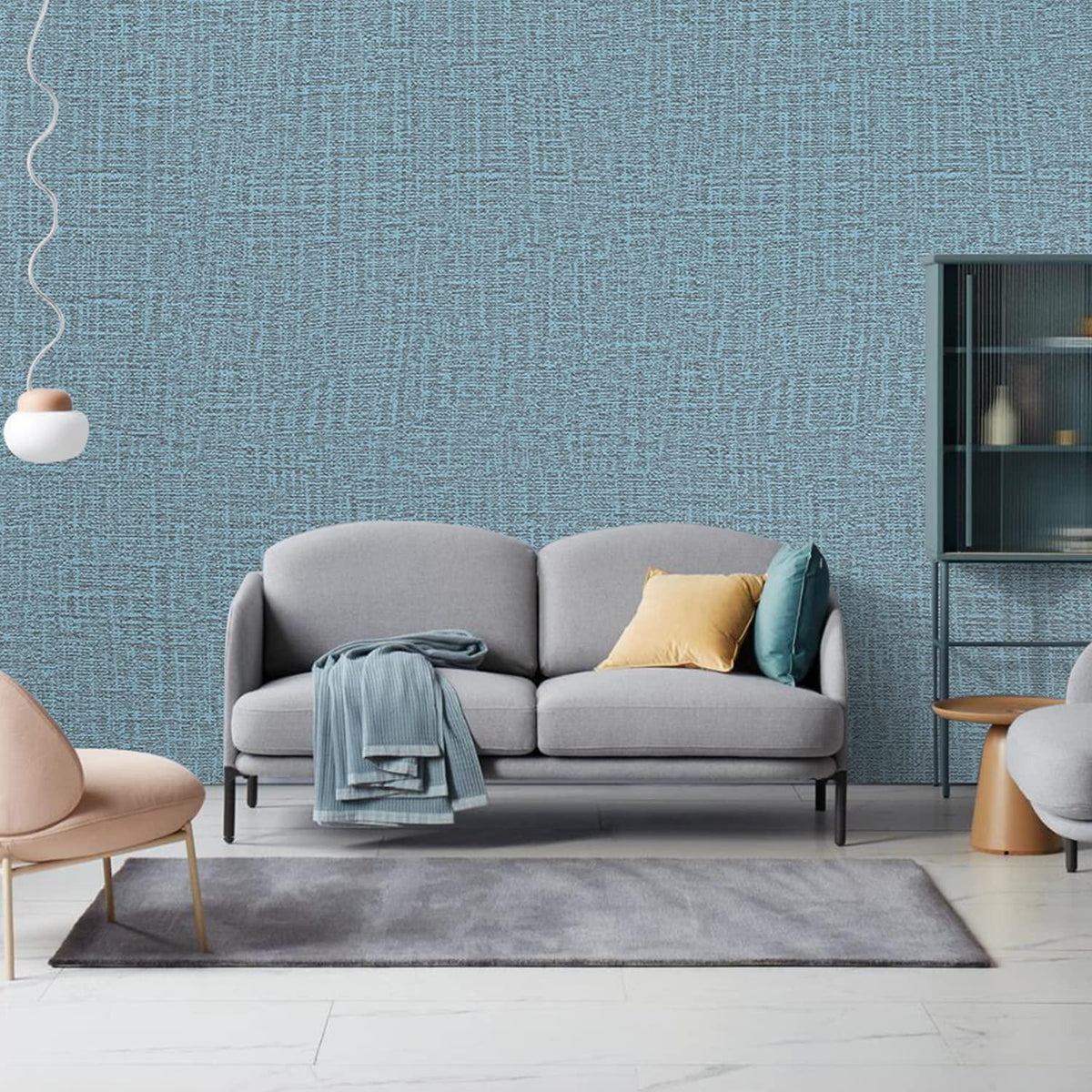 61cm x 10m Green Wallpaper Decor Faux Grasscloth Paper Wall Paper Self Adhesive Removable Blue