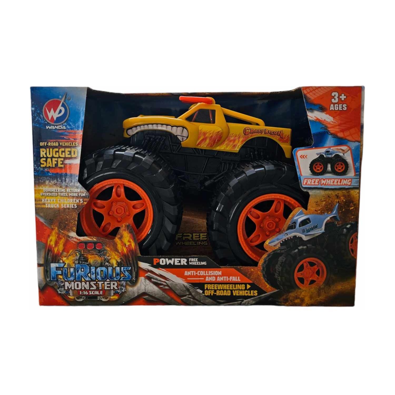 Friction Powered Yellow Bison Monster Truck for Children 1:16 Scale 3+