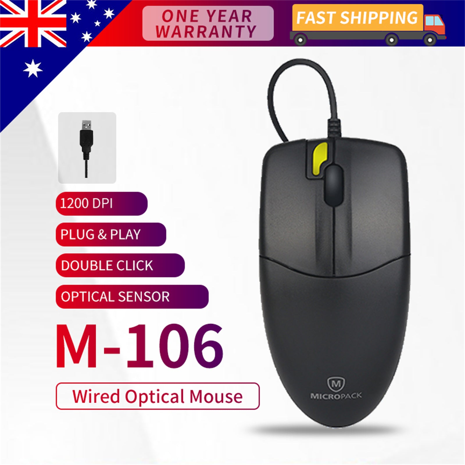 Wired Optical Mouse Computer PC Laptop Mac USB 2.0 Plug and Play