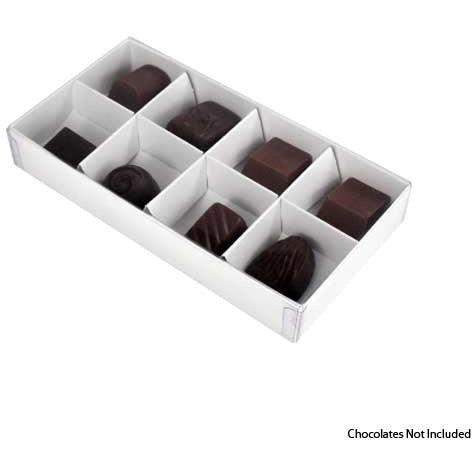 10 Pack of White Card Chocolate Sweet Soap Product Reatail Gift Box - 8 bay 3cm Compartments - Clear Slide On Lid - 16x8x3cm