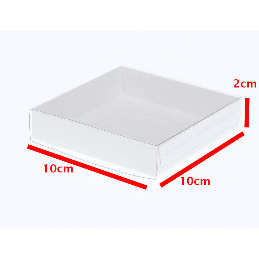 10 Pack of 10cm Square Invitation Coaster Favor Function product Presentation Cookie Biscuit Patisserie Gift Box - 2cm deep - White Card with Clear Slide On PVC Lid