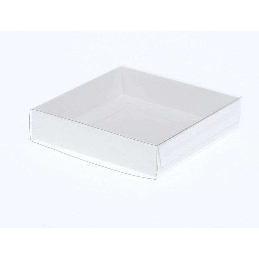 10 Pack of 10cm Square Invitation Coaster Favor Function product Presentation Cookie Biscuit Patisserie Gift Box - 2cm deep - White Card with Clear Slide On PVC Lid