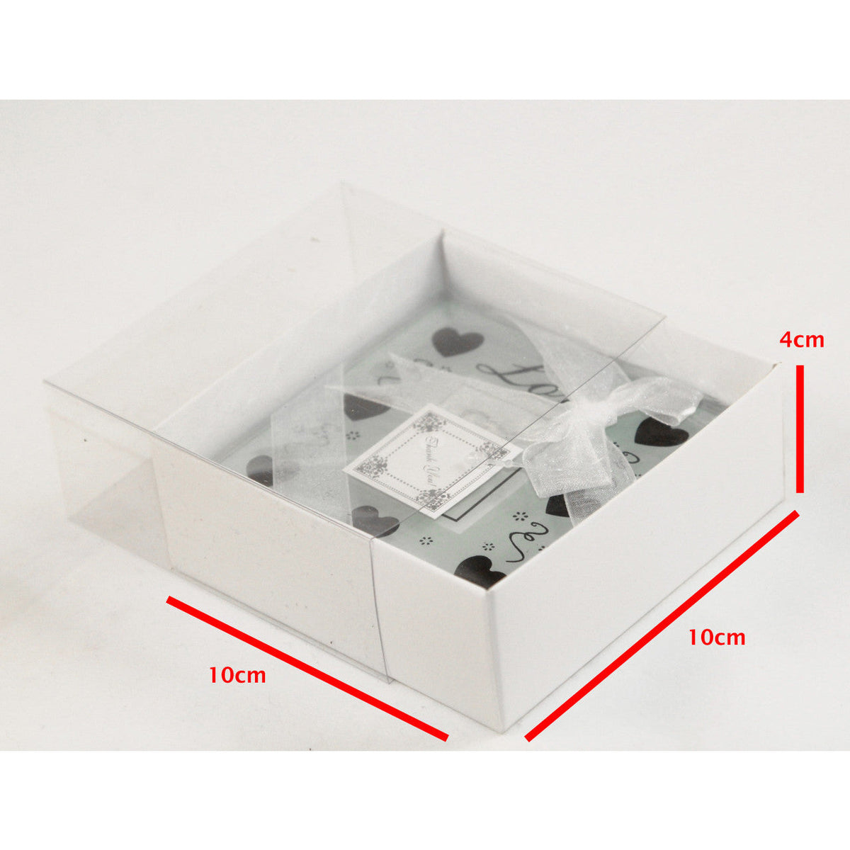 10 Pack of 10cm Square Invitation Coaster Favor Function product Presentation Cookie Biscuit Patisserie Gift Box - 4cm deep - White Card with Clear Slide On PVC Lid