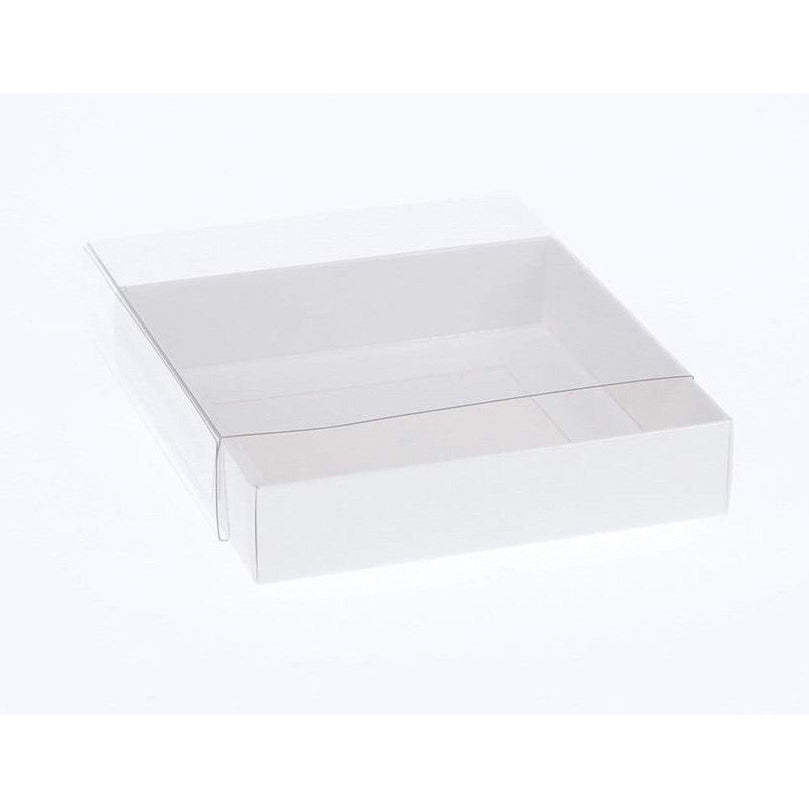 10 Pack of 15cm Square Invitation Coaster Favor Function product Presentation Cookie Biscuit Patisserie Gift Box - 4cm deep - White Card with Clear Slide On PVC Lid