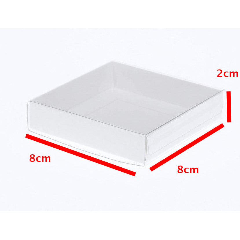 10 Pack of 8cm Square Wedding Invitation Coaster Favor Function product Presentation Cookie Biscuit Patisserie Gift Box - 2cm deep - White Card with Clear Slide On PVC Lid