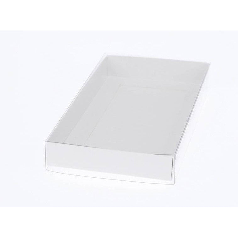 10 Pack of White Card Box - Clear Slide On Lid - 25 x 25 x 6cm - Large Beauty Product Gift Giving Hamper Tray Merch Fashion Cake Sweets Xmas