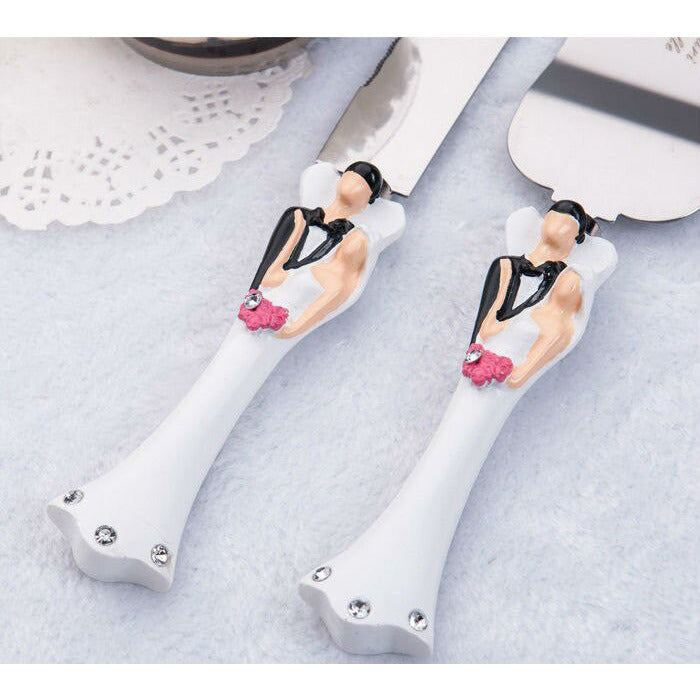 Bride Groom Cake Server Set Wedding Cake Knife and Silver Blade Server Set Boxed - Bride Groom Handles