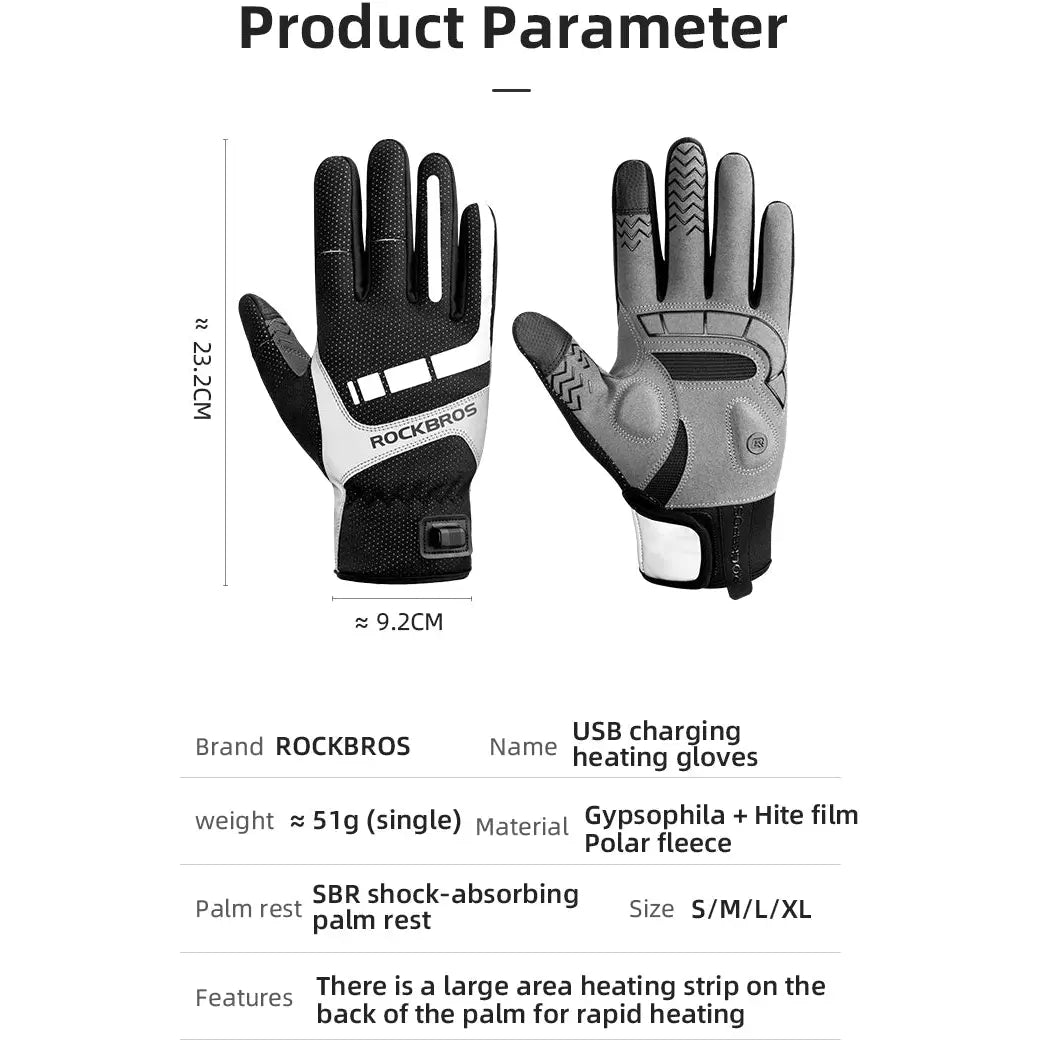 MTB Heated Gloves XLarge for Mountain Road Bike Breathable Winter Autumn Cycling Camping Running Outdoor Sport Rockbros