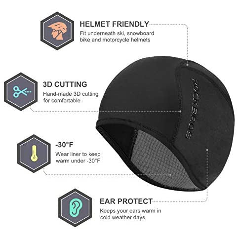 Helmet Fleece Inner Liner Cycling Skull Cap Winter Thermal MTB Mountain Cycling Cap for Men Women Headwear for Running Skiing & Winter Sports BLACK Rockbros