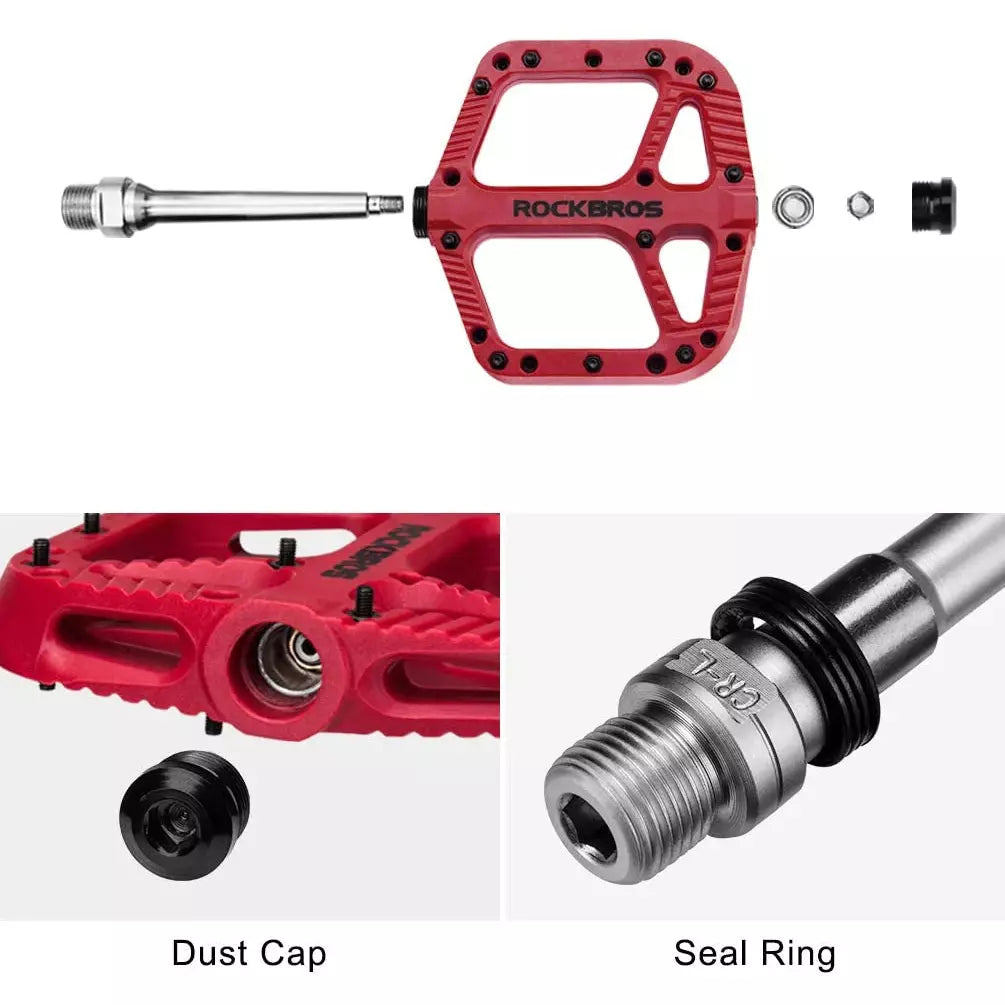 Extra Large MTB Flat Pedal Orange Nylon Composite 208g Stud Pin Grips RED Rockbros