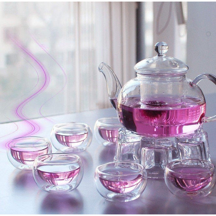 1 Set of Gongfu Chinese Ceremony Tea Set - 6 Glass cups with Infuser and Tealight Candle Pot Warmer