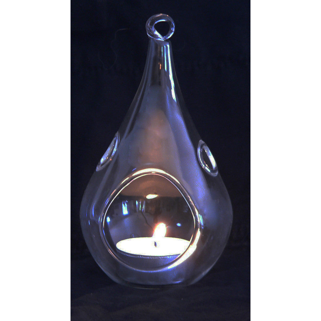 4 Pack of Hanging Clear Glass Tealight Candle Holder Tear Drop Pear Shape - 12cm High - Terrarium Plant Mini Garden Holder Decor