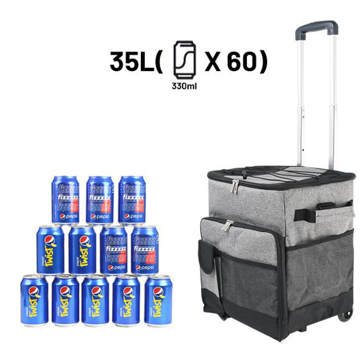 Cooler Picnic Bag Trolley Thermally Insulated - 36L - 60 cans - Grey - Drinks Food Cool Bag Rainproof