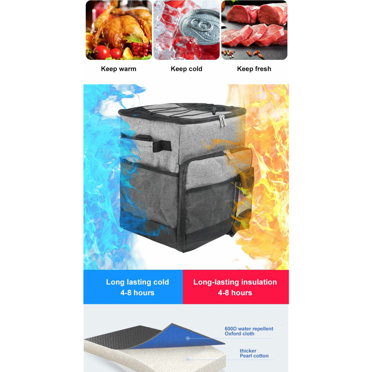 Cooler Picnic Bag Trolley Thermally Insulated - 36L - 60 cans - Grey - Drinks Food Cool Bag Rainproof