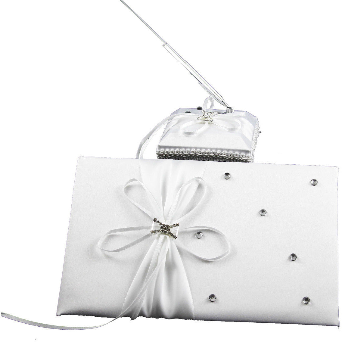White Wedding Guest Book Register with Silver Pen Matching Stand Set 36 Lined Pages - White Ribbon and Diamante Bow Cover