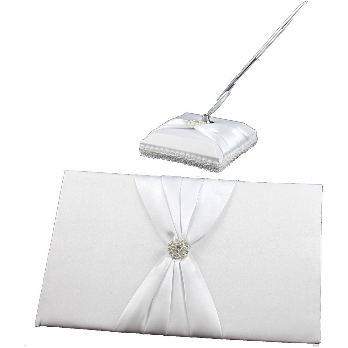 White Wedding Guest Book Register with Silver Pen Matching Stand Set 36 Lined Pages - White Sach Diamante Cover