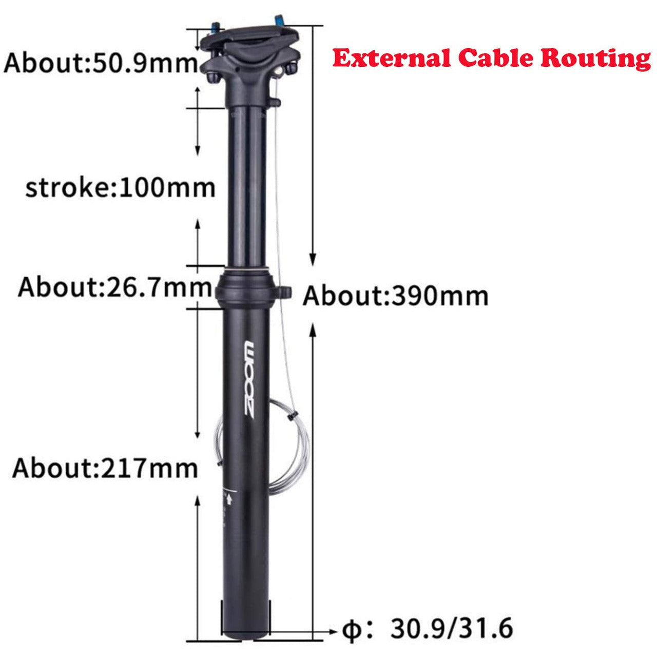 ZOOM SPD-801 Dropper Seatpost Adjustable Height via Thumb Remote Lever - External Cable 30.9 Diameter 100mm Travel