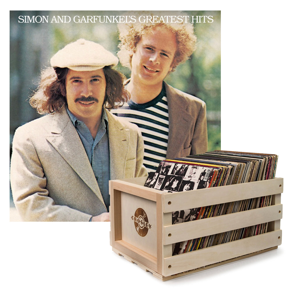 Crosley Record Storage Crate Simon &amp; Garfunkel Greatest Hits Vinyl Album Bundle