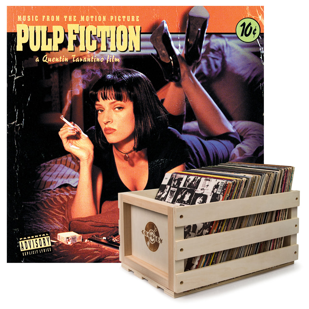 Crosley Record Storage Crate &amp;  Various Artists Pulp Fiction - Vinyl Album Bundle