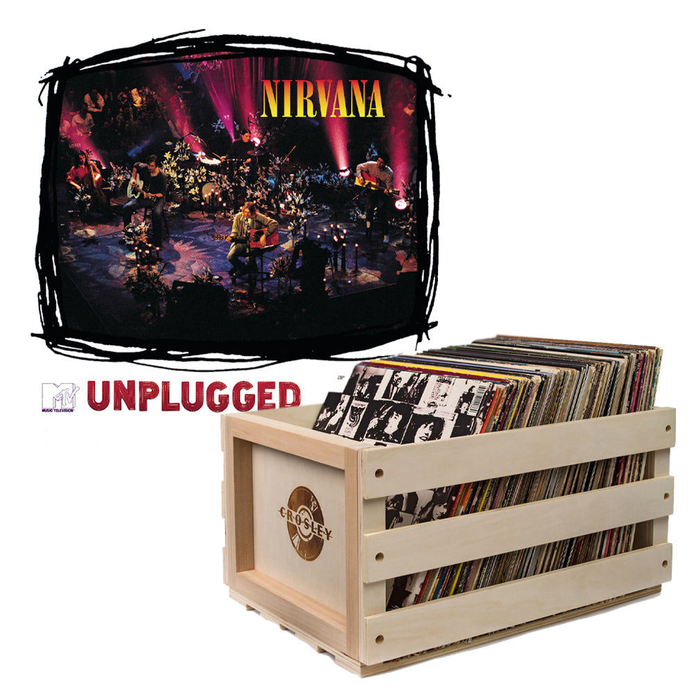 Crosley Record Storage Crate &amp; Nirvana MTV Unplugged Vinyl Album Bundle