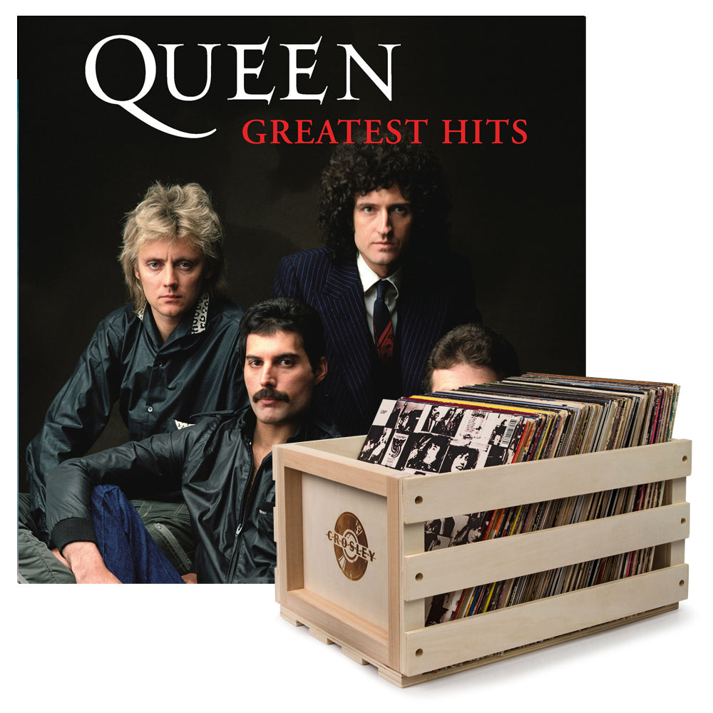 Crosley Record Storage Crate &amp; Queen Greatest Hits - Double Vinyl Album Bundle